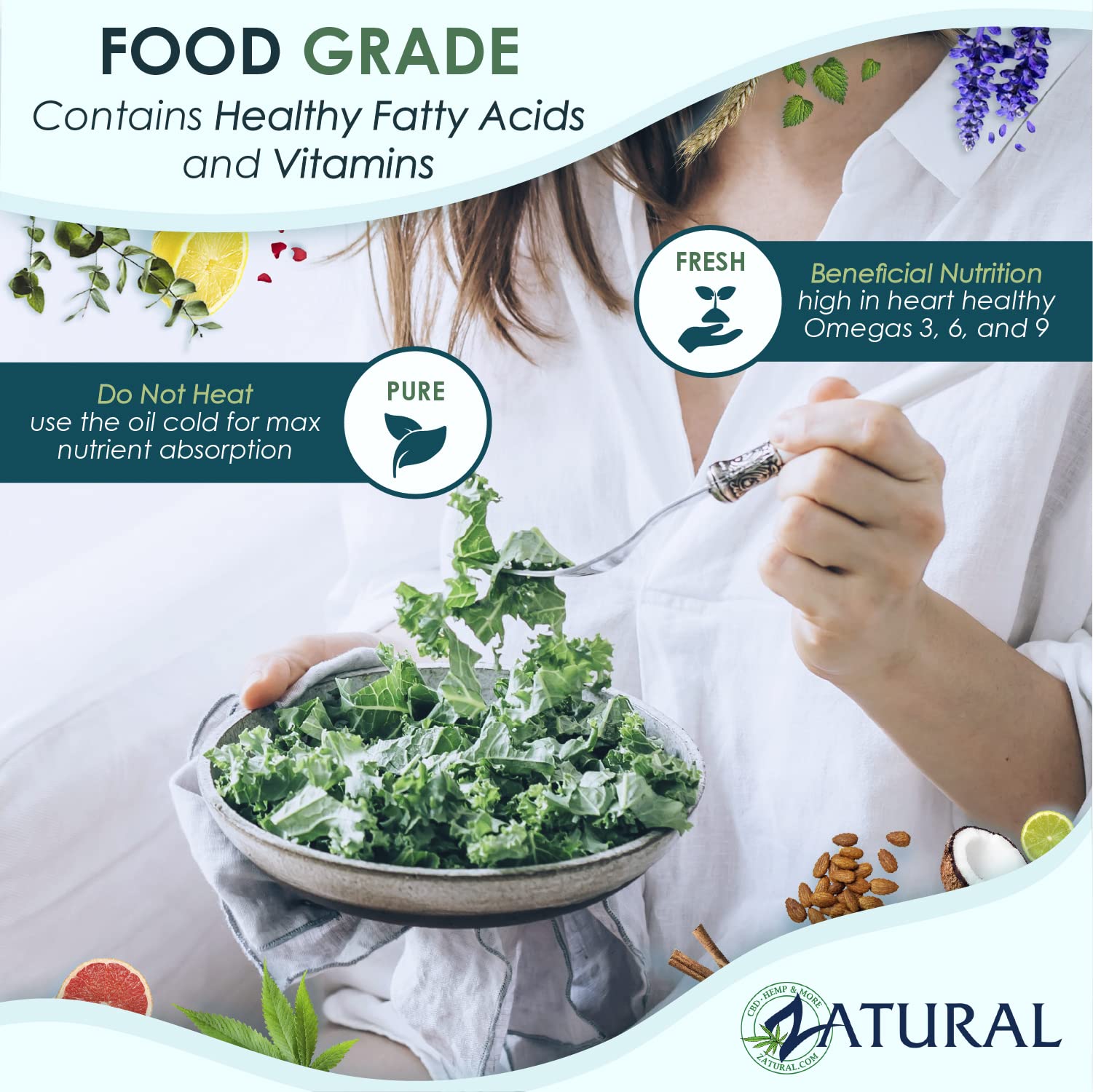 Flacon ouvert de Zatural huile de lin prête pour la vinaigrette maison.