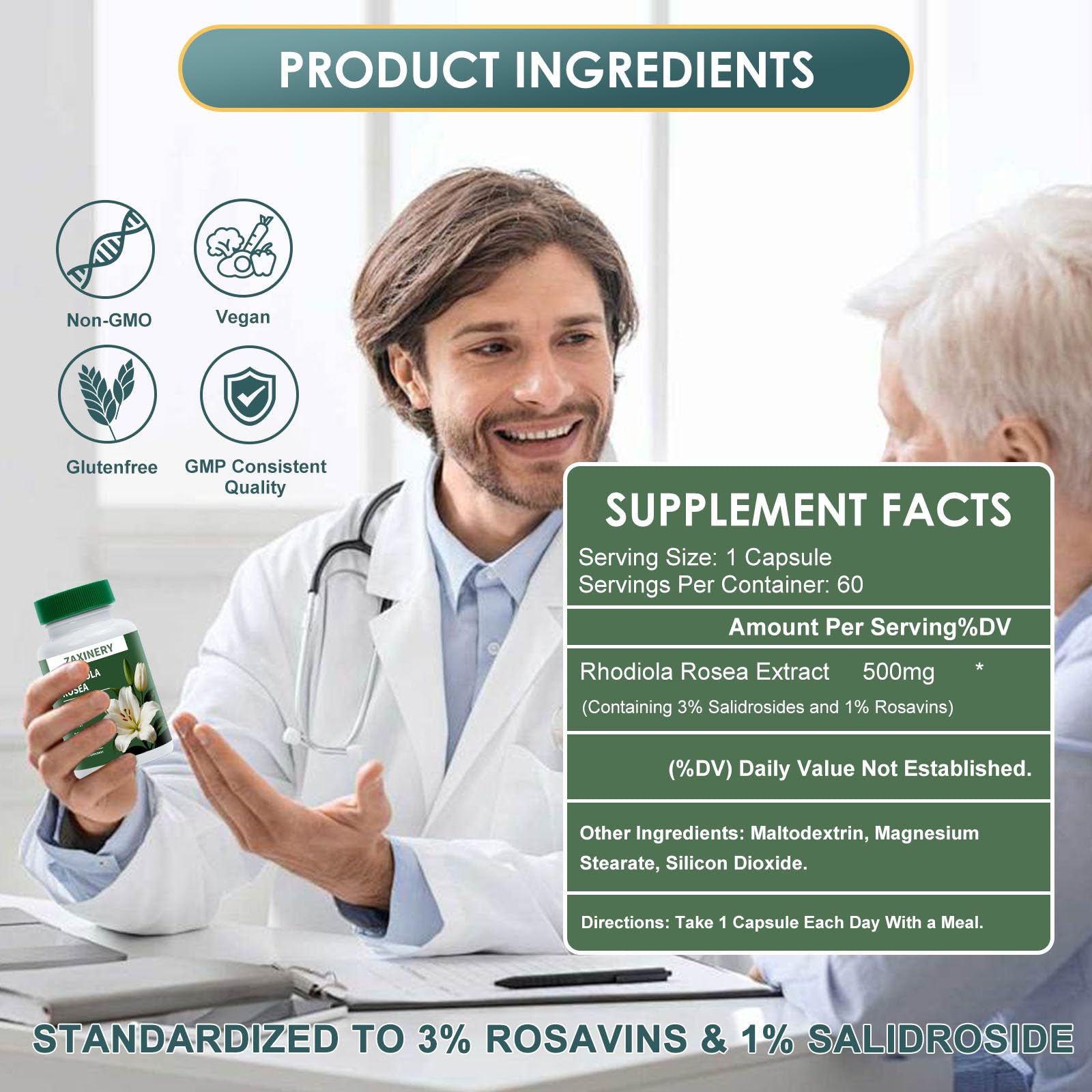 ZAXINERY Rhodiola Rosea Vegan – capsules faciles à avaler pour un mode de vie actif.