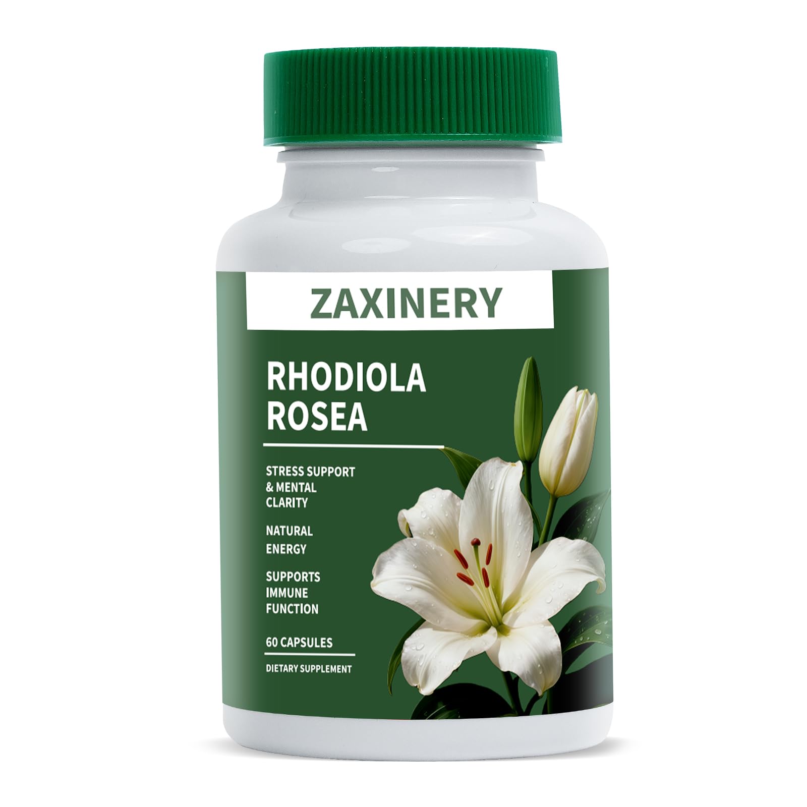 ZAXINERY Rhodiola Rosea 500 mg — bouteille et étiquette, énergie potentielle et focus au quotidien.