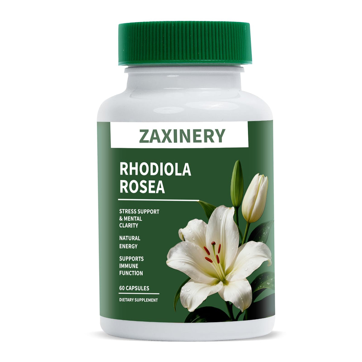 ZAXINERY Rhodiola Rosea 500 mg — bouteille et étiquette, énergie potentielle et focus au quotidien.