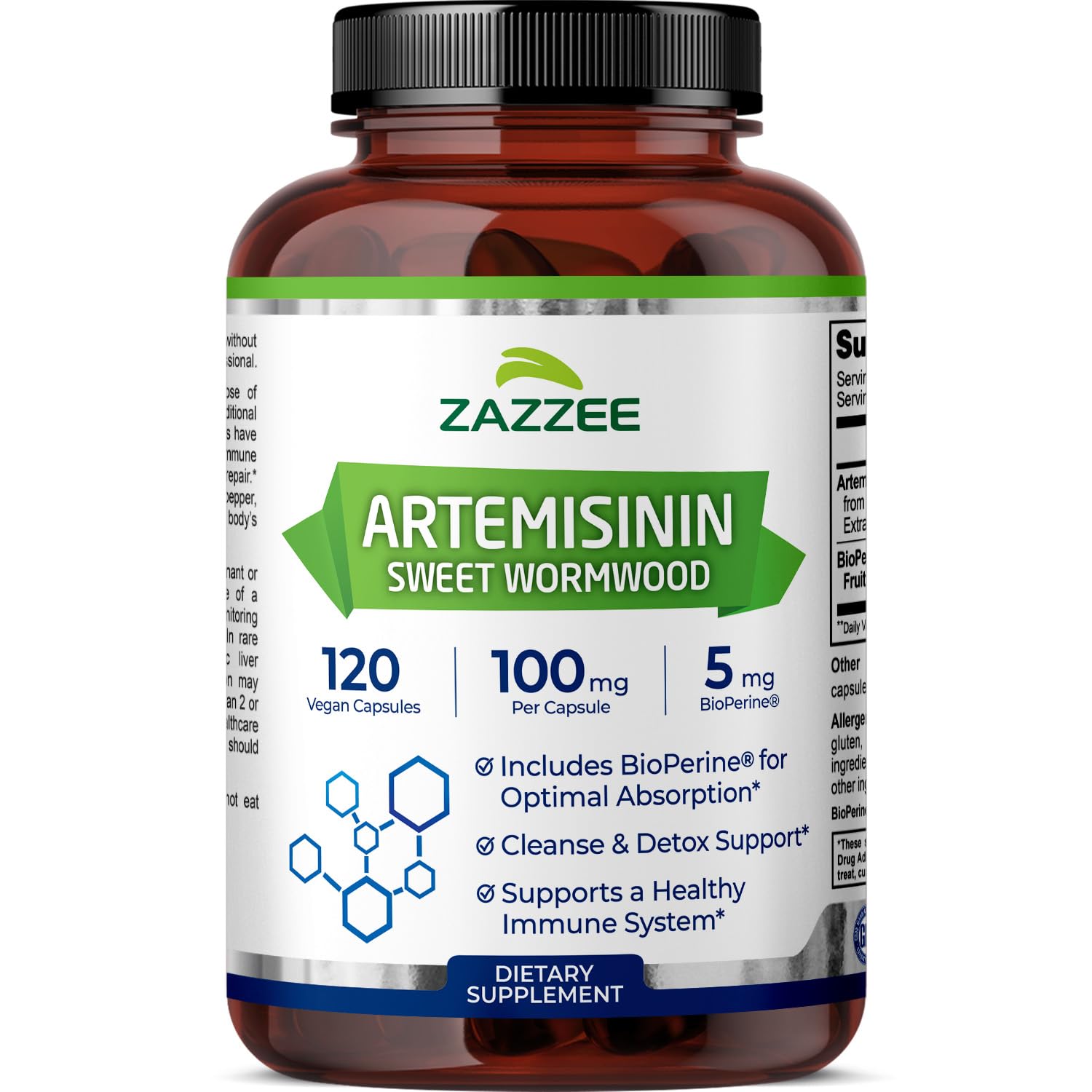 Zazzee Artémisinine: bouteille de 100 mg, dosage simple.
