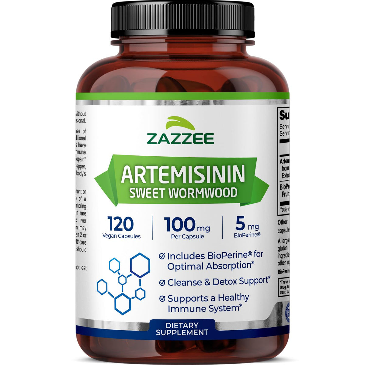 Zazzee Artémisinine: bouteille de 100 mg, dosage simple.