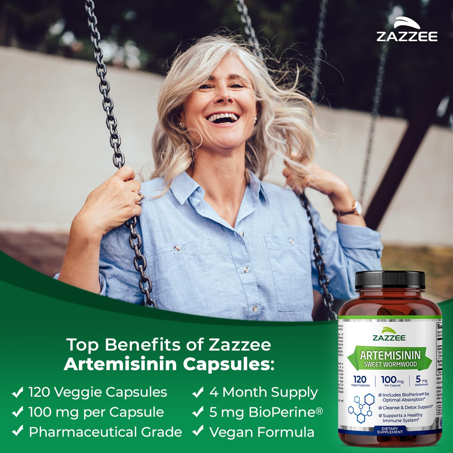 Capsules Zazzee Artémisinine, 100 mg, prise quotidienne facile.