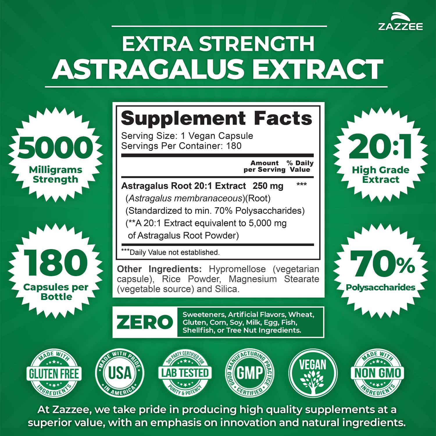 Zazzee Astragale extrait 20pour1 - Capsules véganes faciles à avaler.