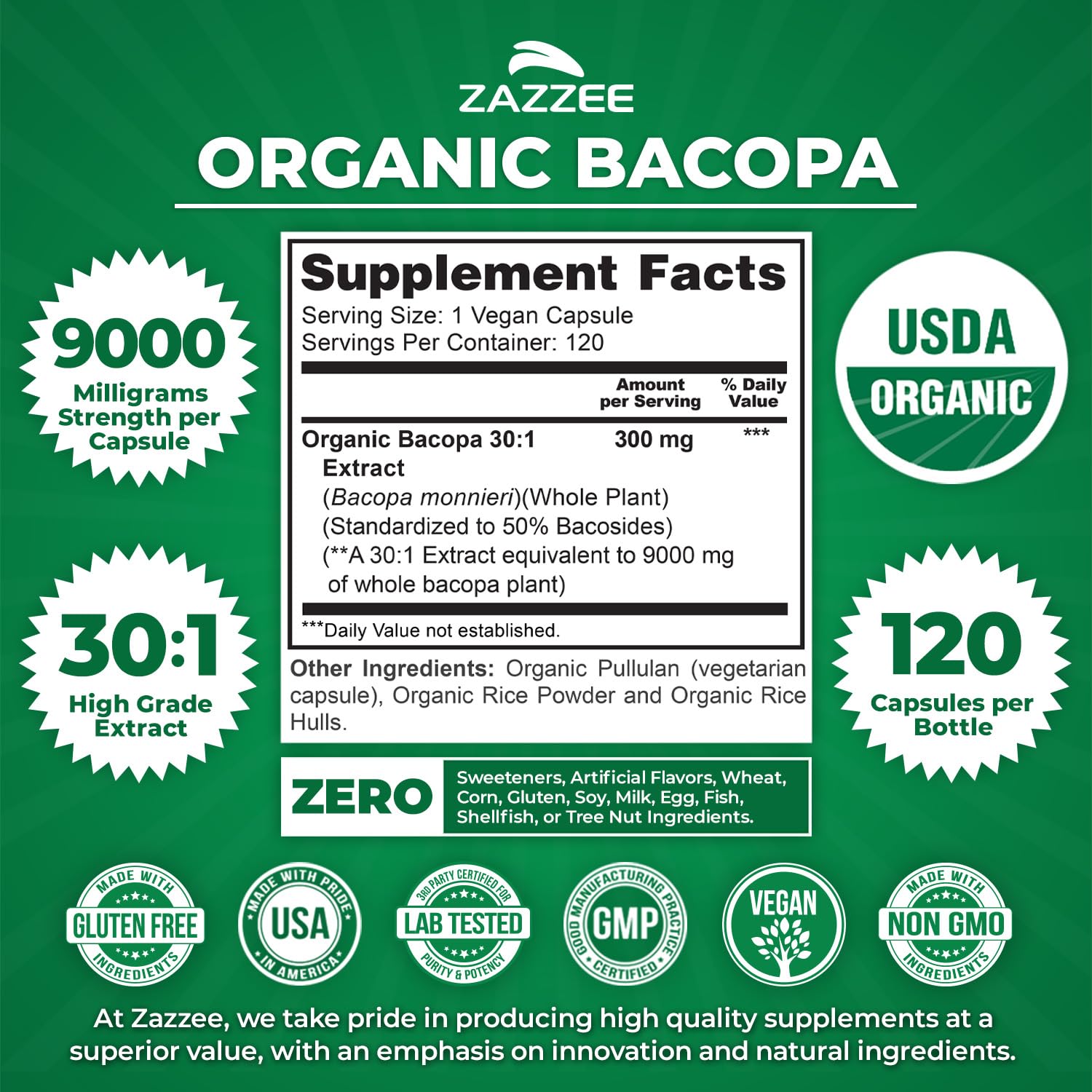 Étiquette indiquant 50% bacosides sur le flacon Zazzee Bacopa.
