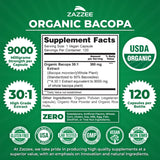 Étiquette indiquant 50% bacosides sur le flacon Zazzee Bacopa.