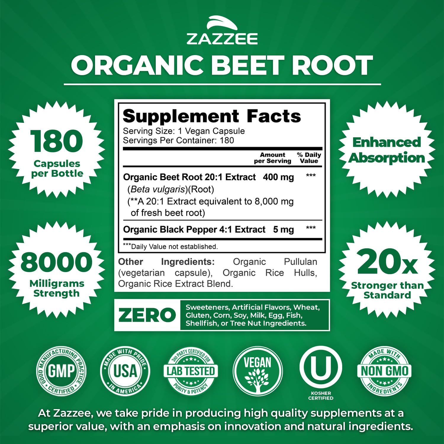 Zazzee Betterave certifiée USDA, capsules véganes et sans OGM.