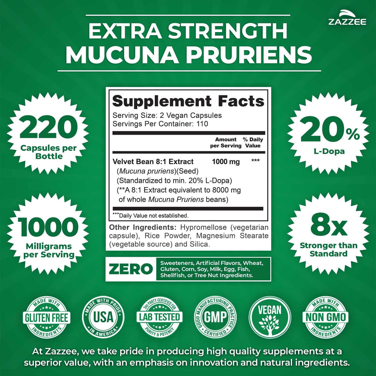 Zazzee Capsules Mucuna Pruriens 1000 mg, dosage élevé pratique.