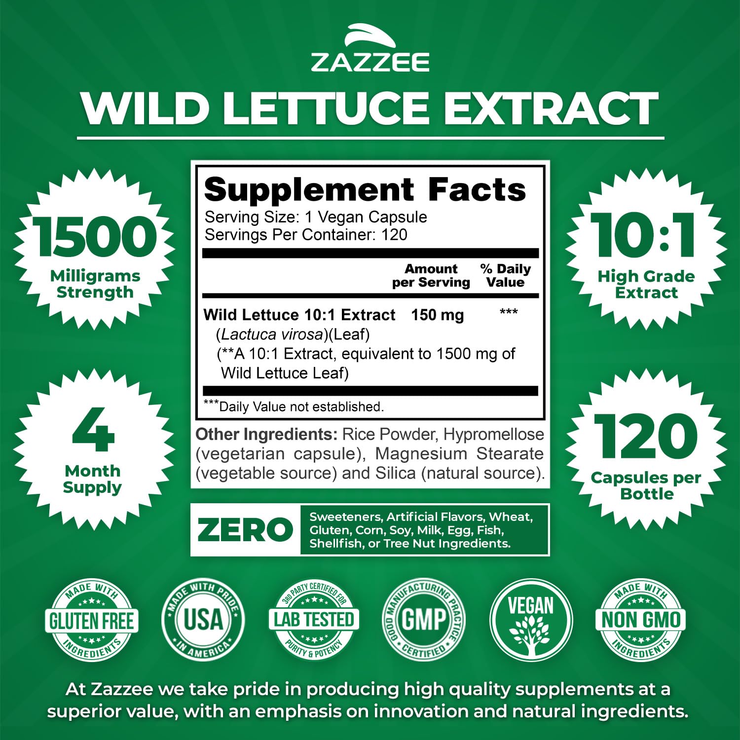 Capsules véganes Zazzee Laitue Sauvage 1500 mg, dosage quotidien pratique.