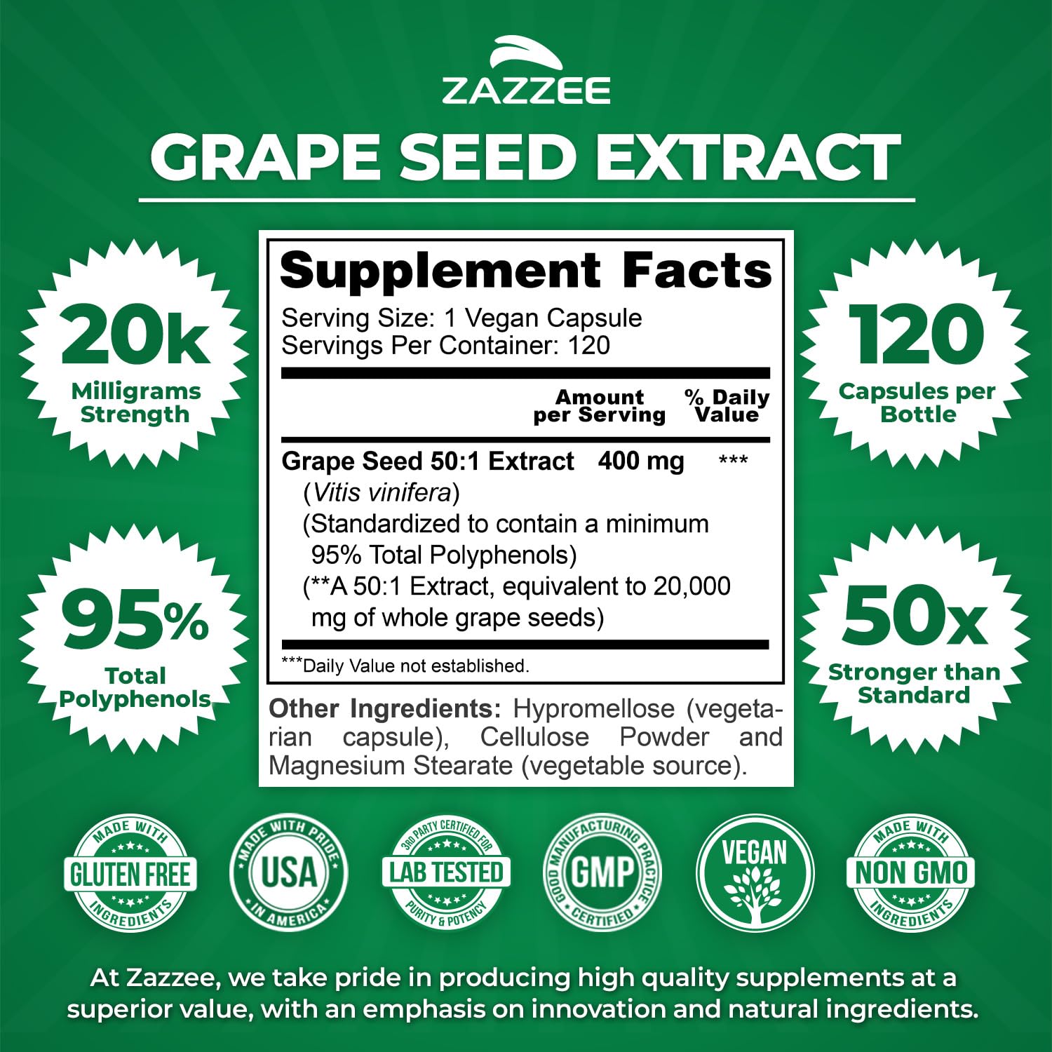 Zazzee Capsules véganes — flacon de 120 pour une utilisation durable.
