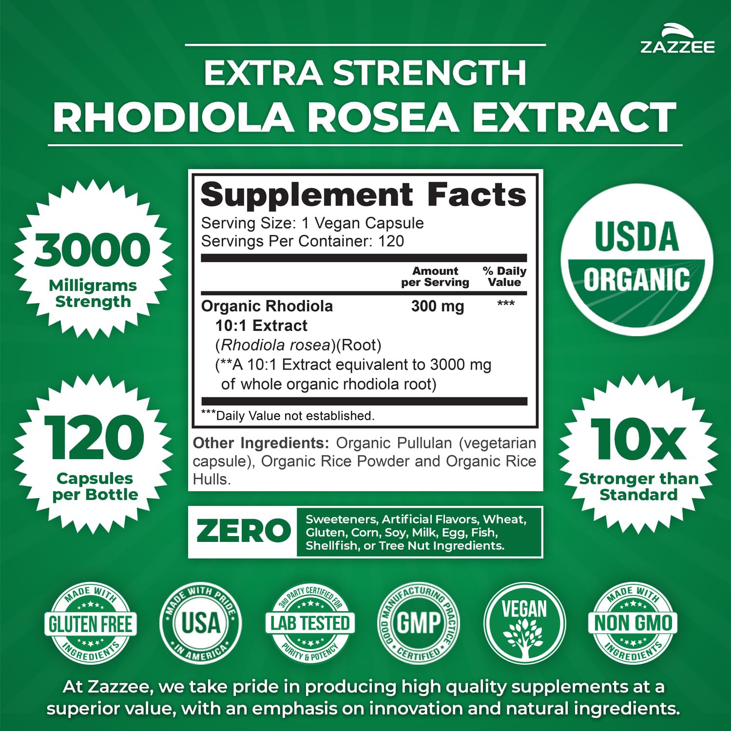 Étiquette USDA Organic certifiée sur Zazzee Rhodiola.