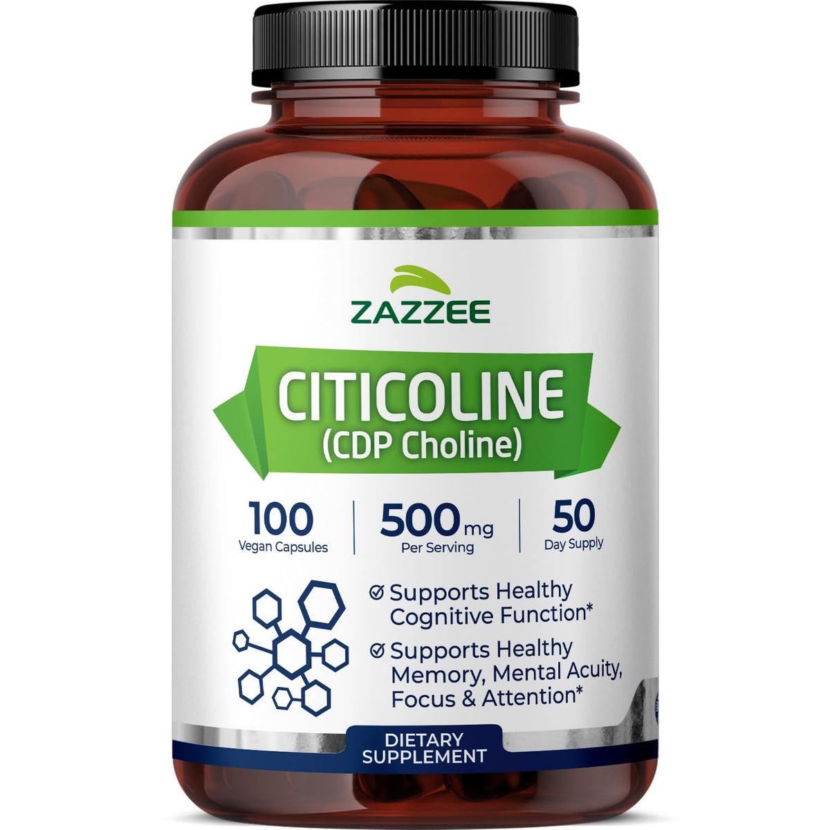 Zazzee Citicoline en bouteille 500 mg pour une utilisation quotidienne potentielle