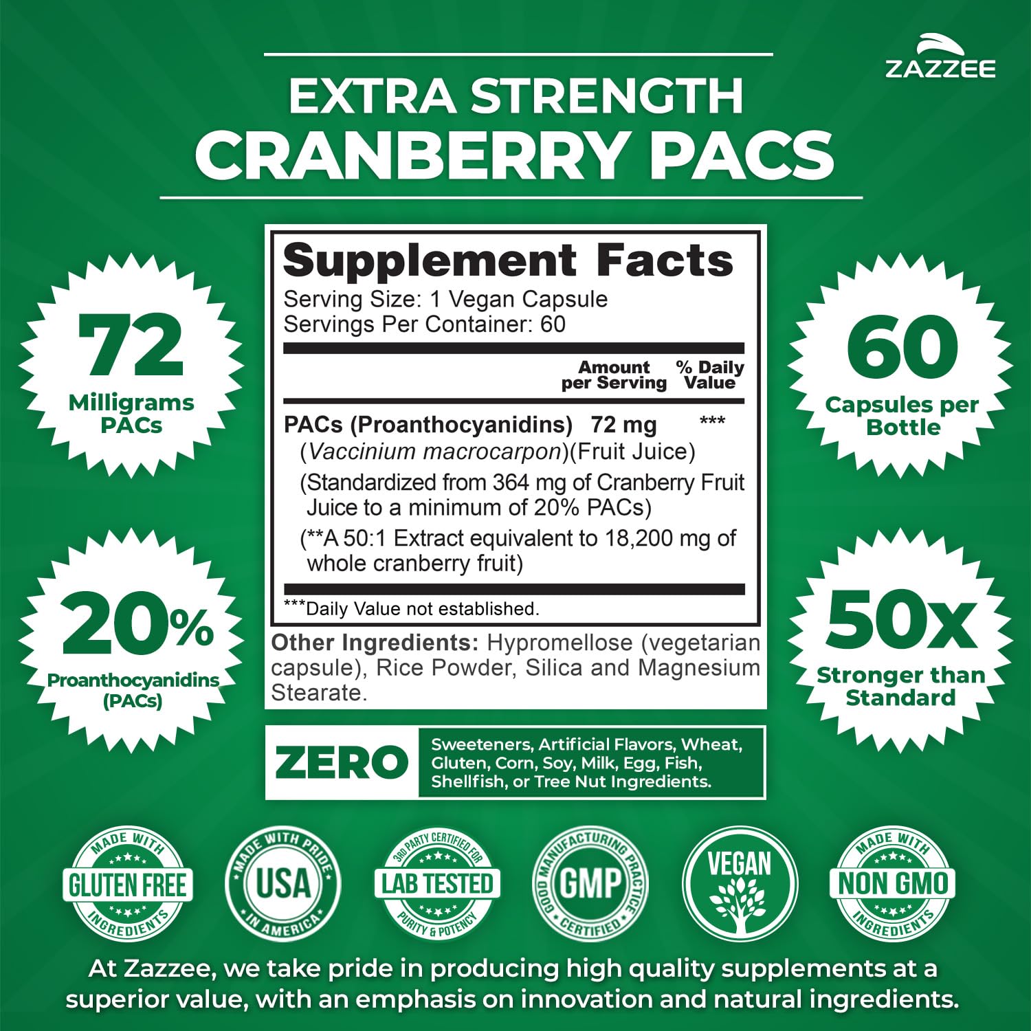 Capsule Zazzee Cranberry PACs de 72 mg pour un dosage puissant