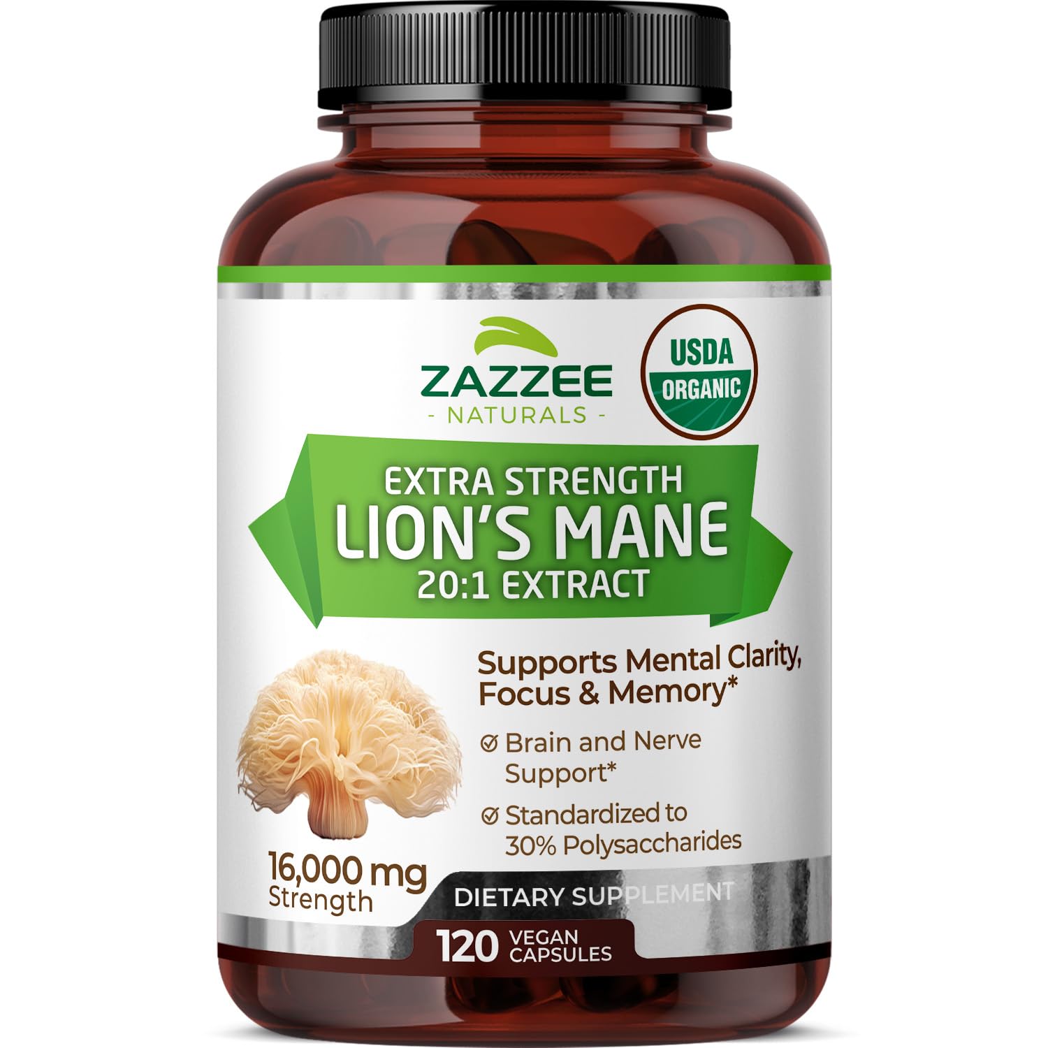 Zazzee Crinière de lion extrait 20:1 en bouteille, soutien potentiel à la concentration.