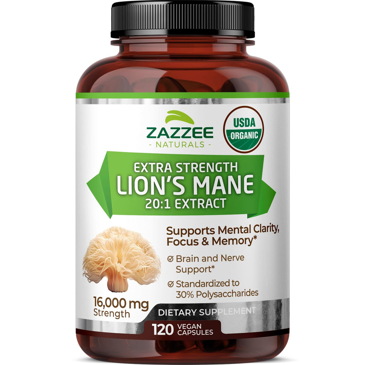 Zazzee Crinière de lion extrait 20:1 en bouteille, soutien potentiel à la concentration.