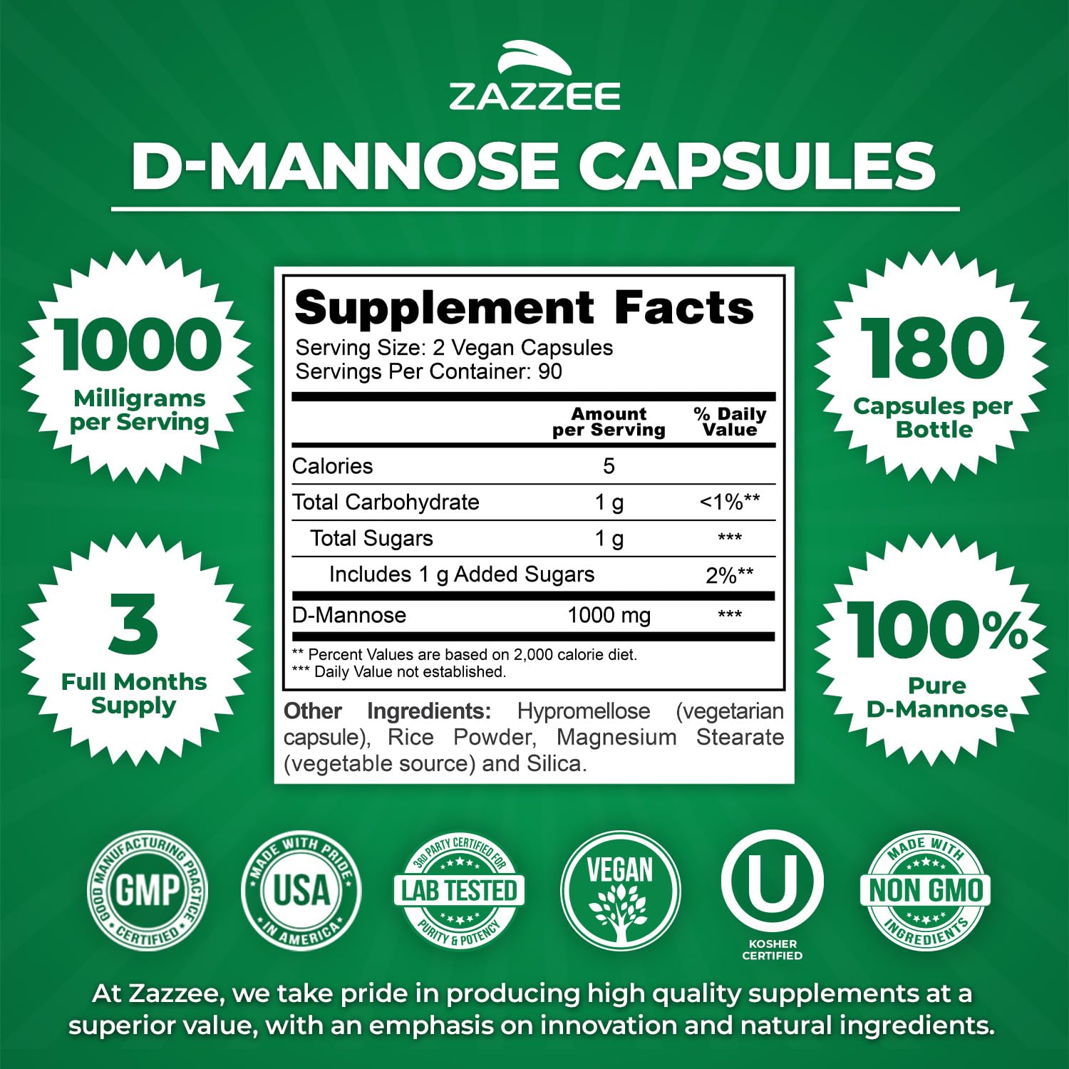 Bouteille Zazzee D-Mannose de 180 capsules pour trois mois d'approvisionnement