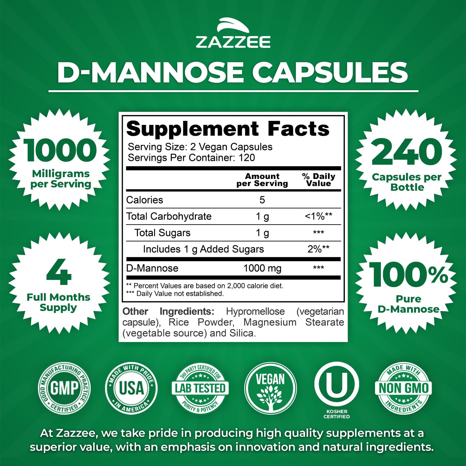 Capsules véganes Zazzee D‑Mannose faciles à intégrer dans la routine.