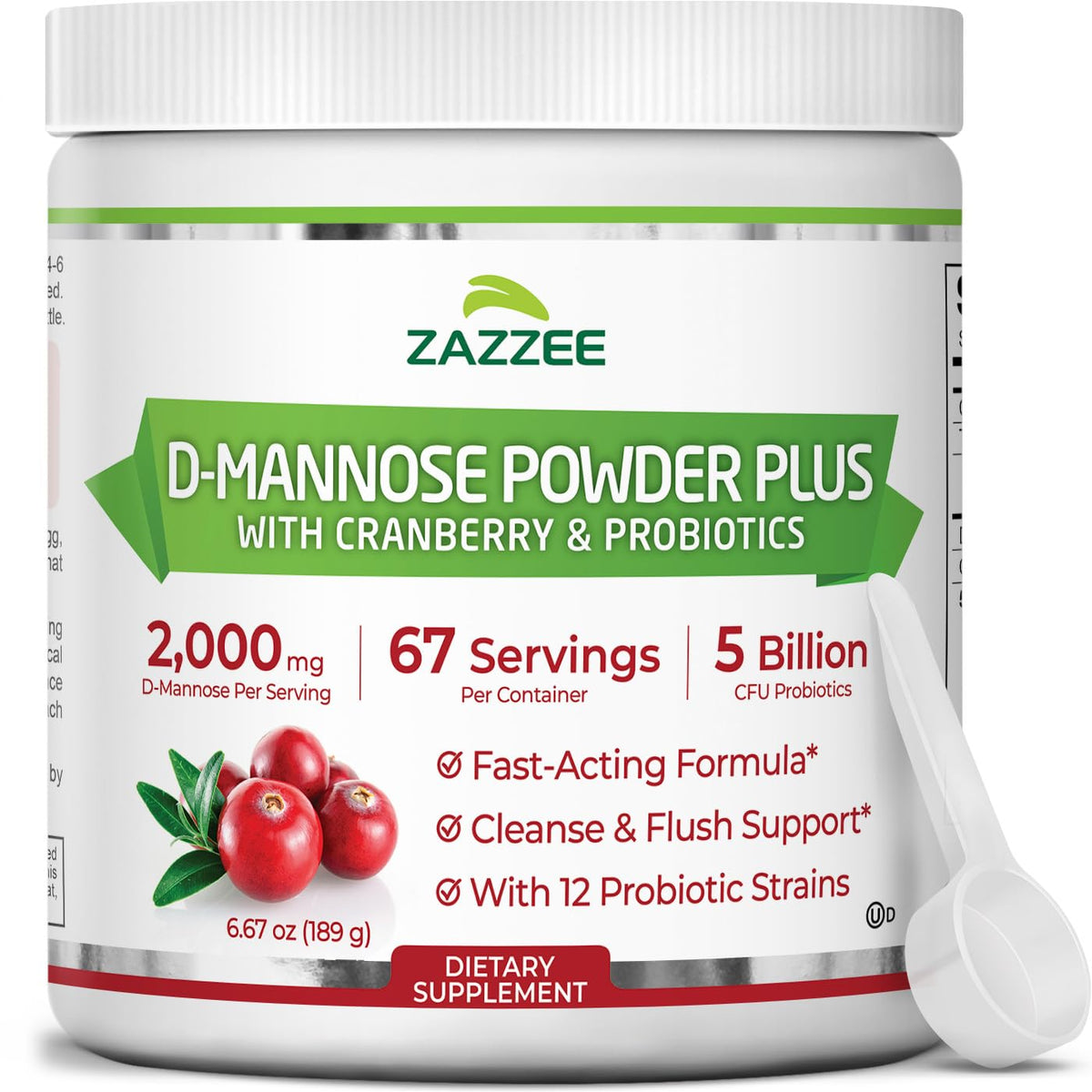 Zazzee D-Mannose Poudre Plus dans sa bouteille avec dosage précis pour une utilisation quotidienne.