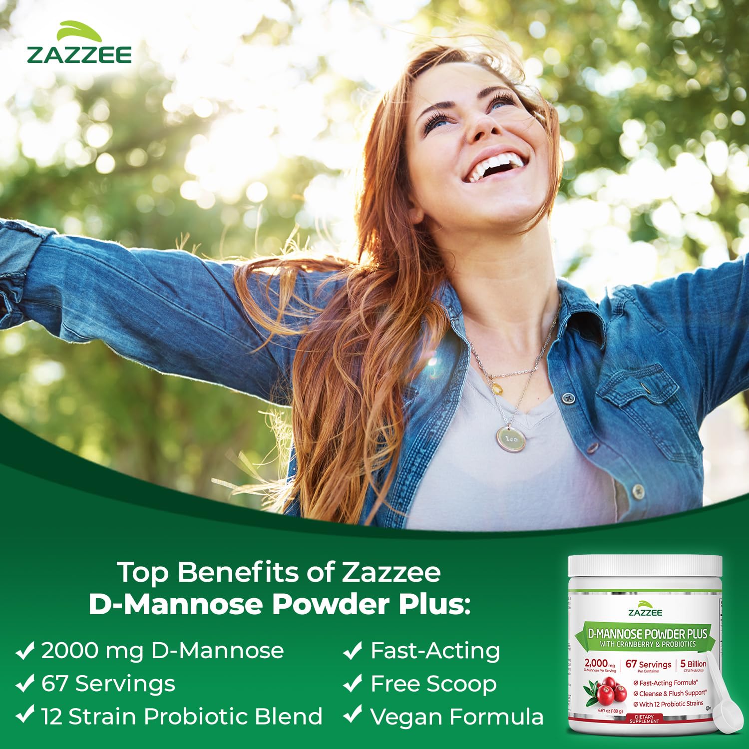 Zazzee D-Mannose Poudre Plus avec dose mesurée inclus pour une prise fiable.