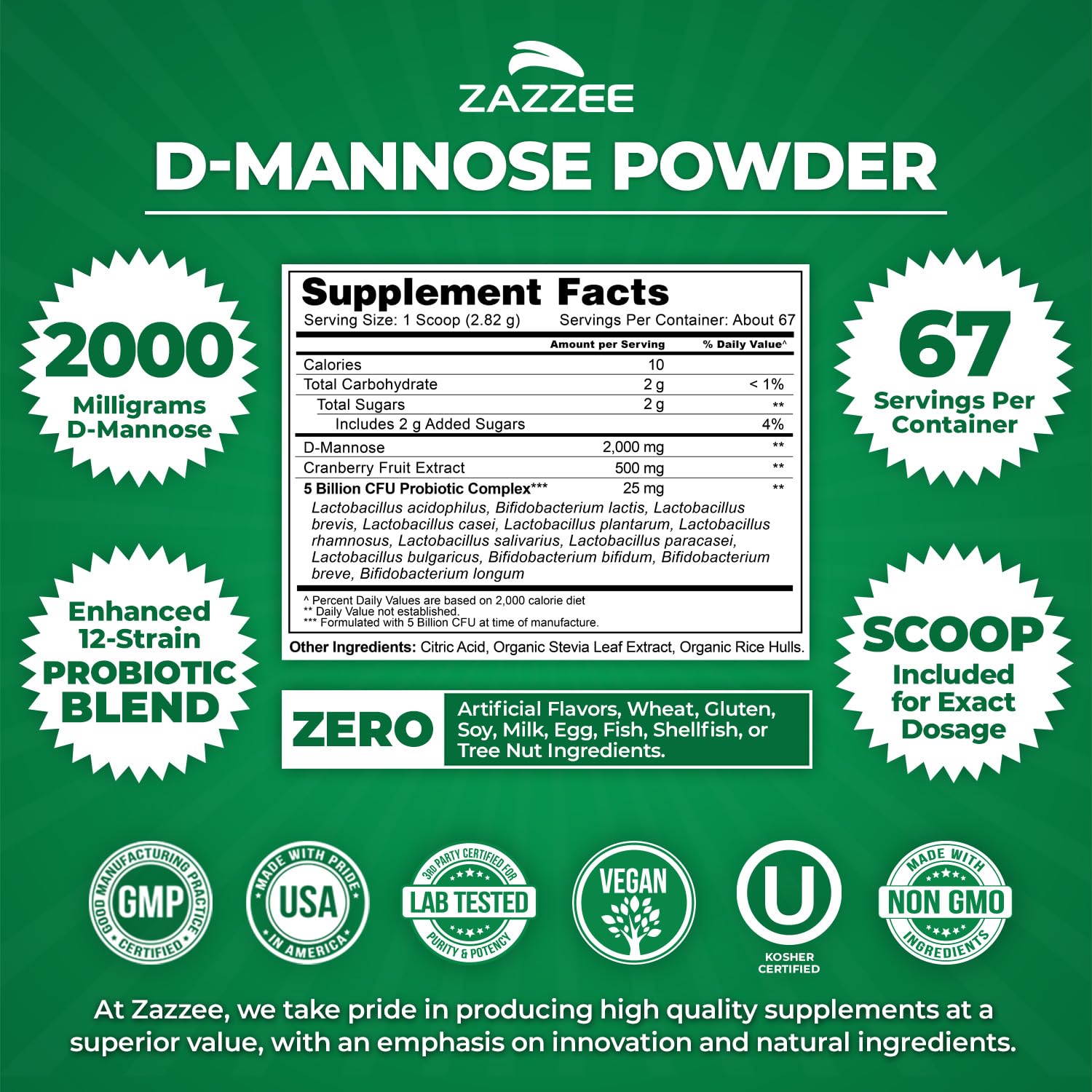 Zazzee D-Mannose Poudre Plus avec probiotiques 5 milliards CFU pour soutenir la flore utile.