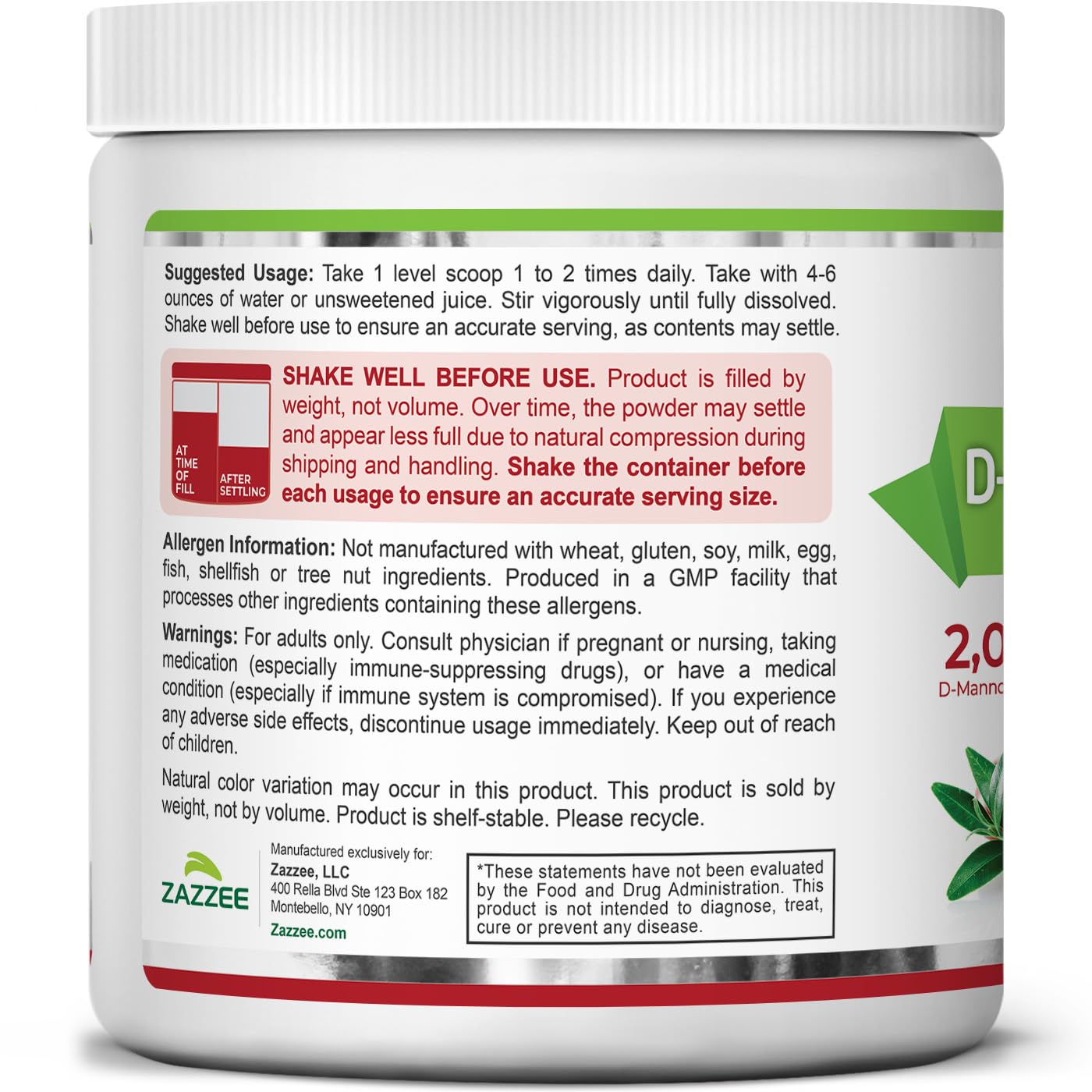 Zazzee D-Mannose Poudre Plus sans gluten pour un choix alimentaire diversifié.