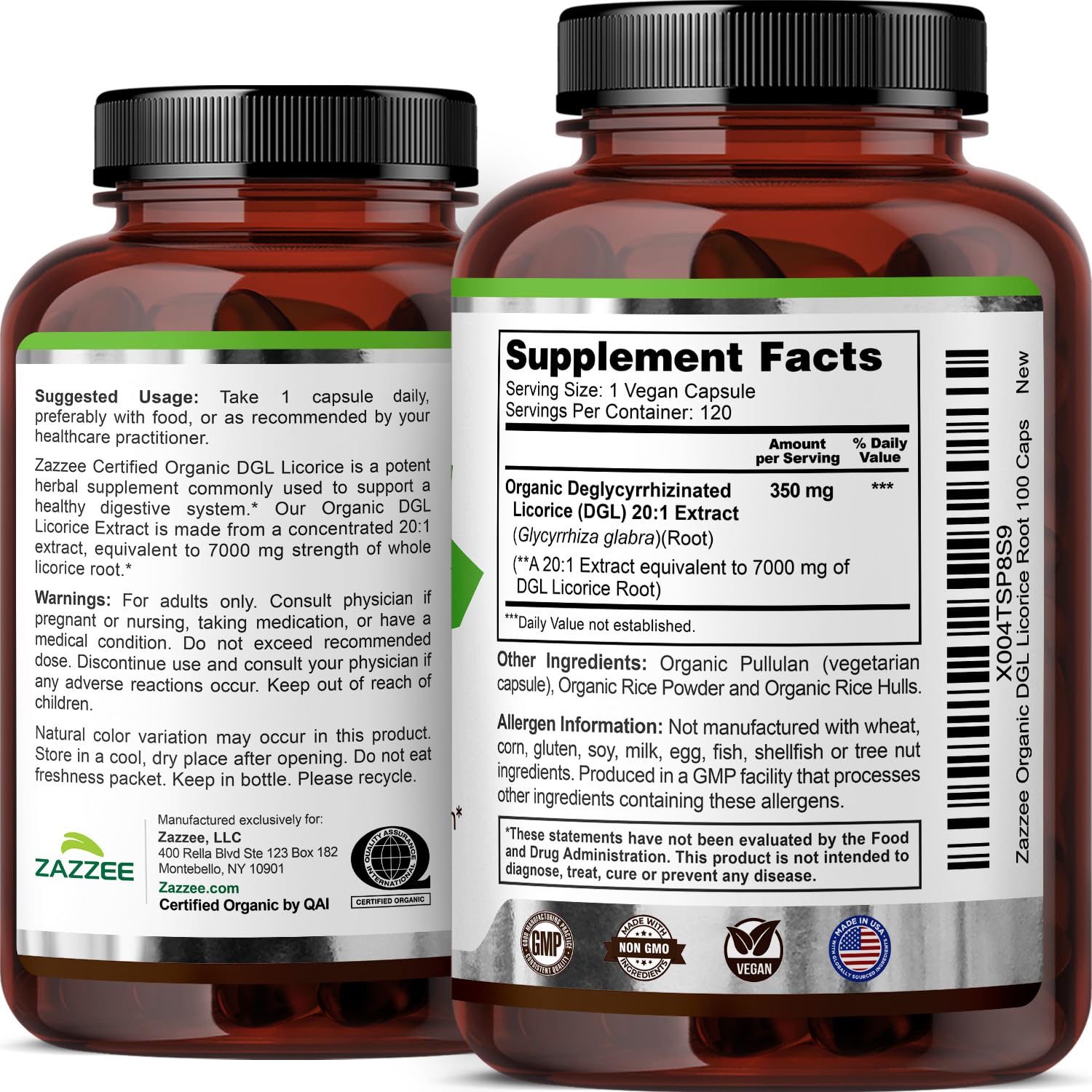 Capsules véganes de Zazzee DGL Réglisse, sans OGM ni allergènes courants