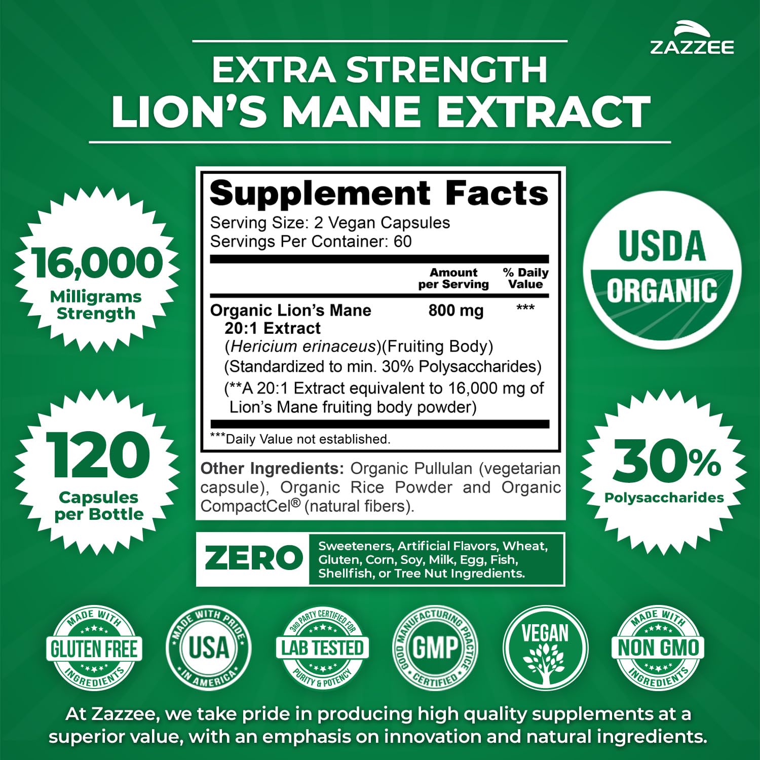 Étiquette Zazzee Bio USDA, certification et pureté.