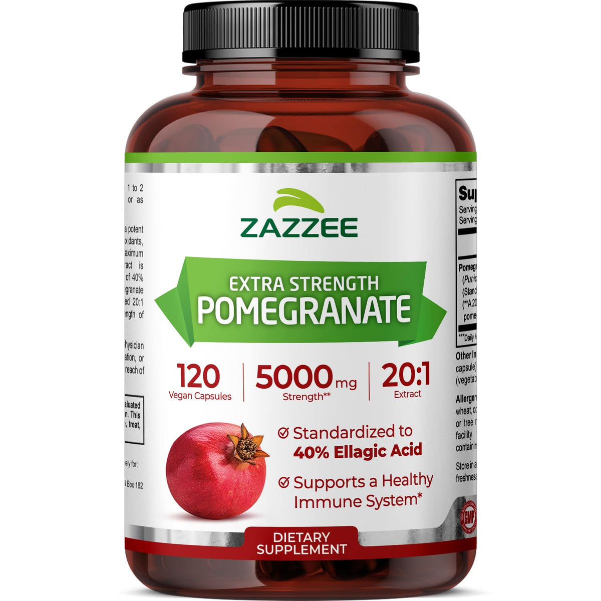 Vue de la bouteille Zazzee Extrait Grenade 20x pour une utilisation quotidienne pratique.
