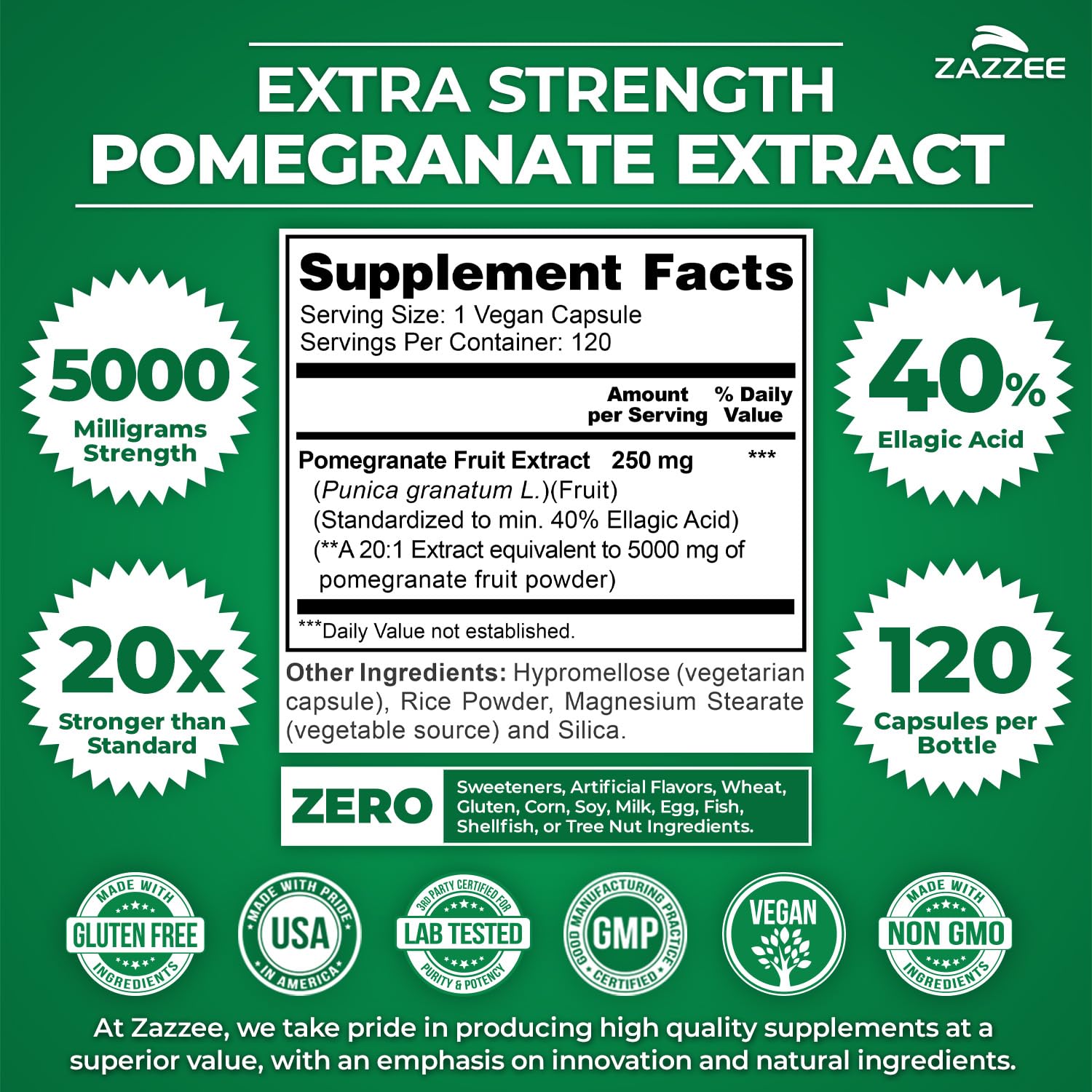 Capsules Zazzee Grenade 20x, dosage élevé pour un apport régulier.