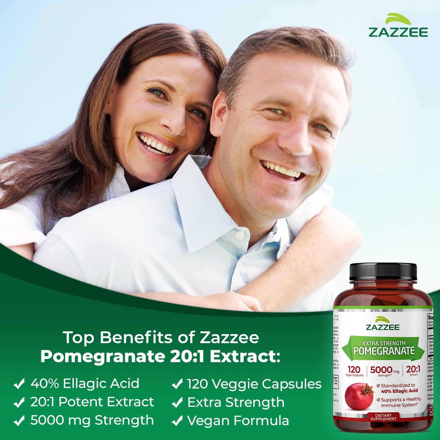 Étiquette Zazzee Grenade 20x affichant 40% acide ellagique.