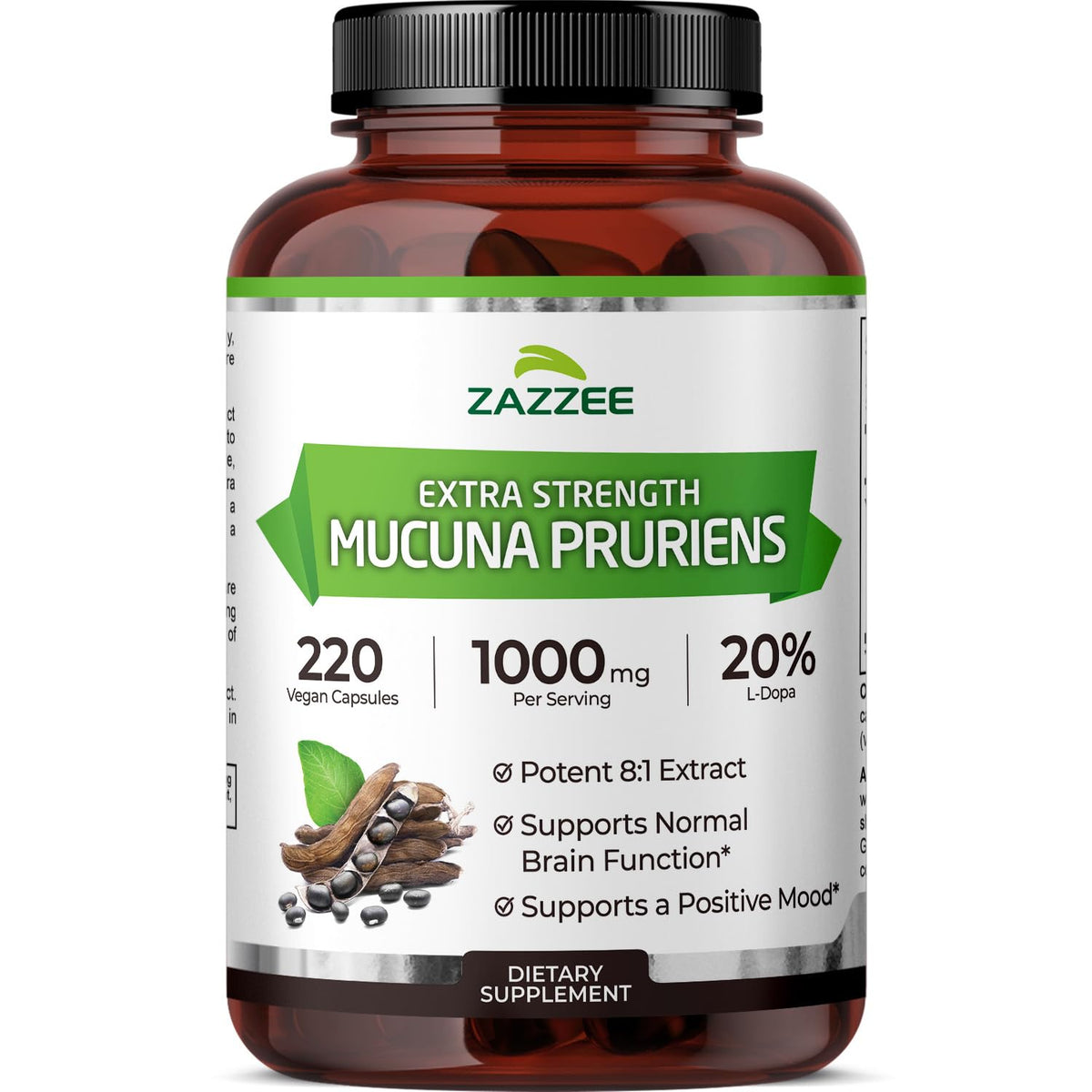 Zazzee Extrait Mucuna Pruriens 8:1 en bouteille, soutien potentiel d'énergie.