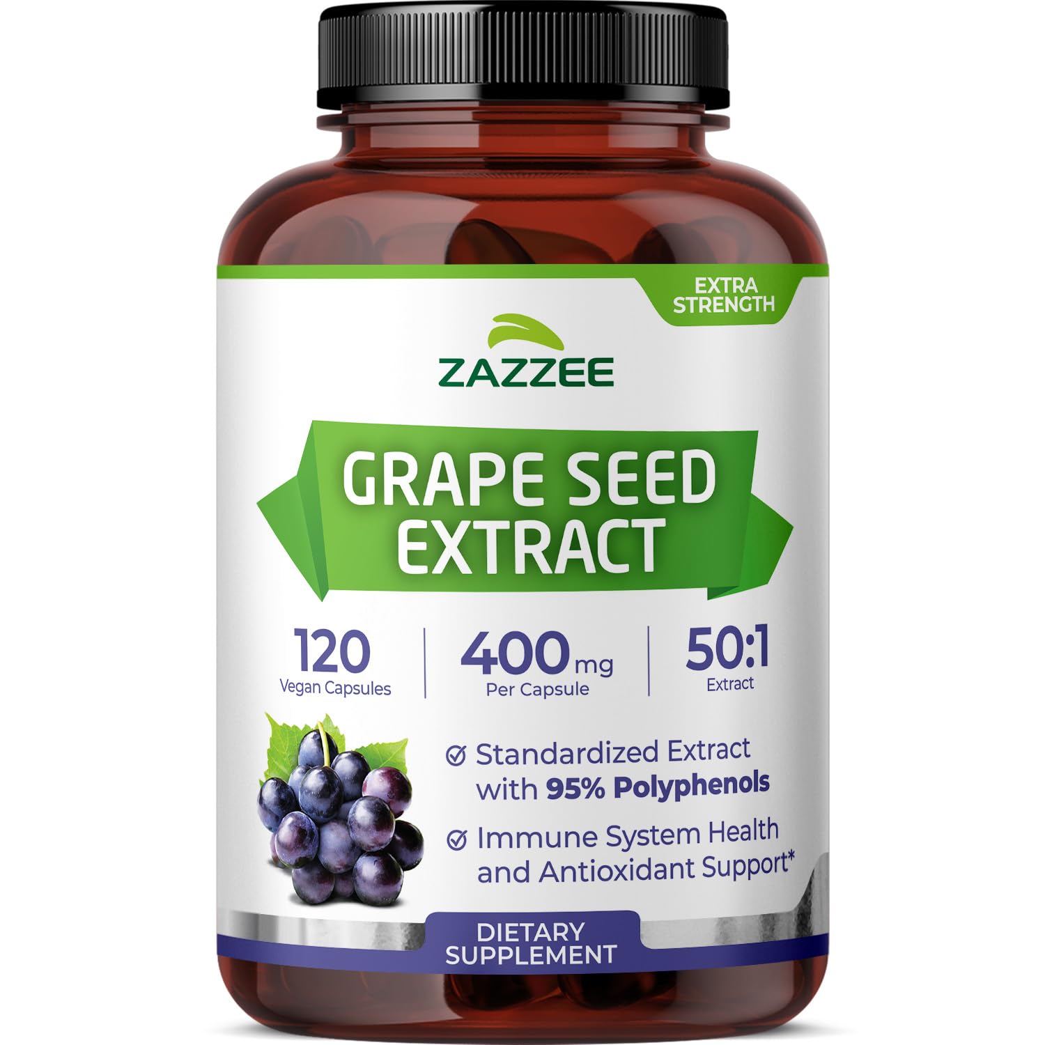 Zazzee Extrait pépins raisin 50:1 — bouteille avec forte concentration de polyphénols.