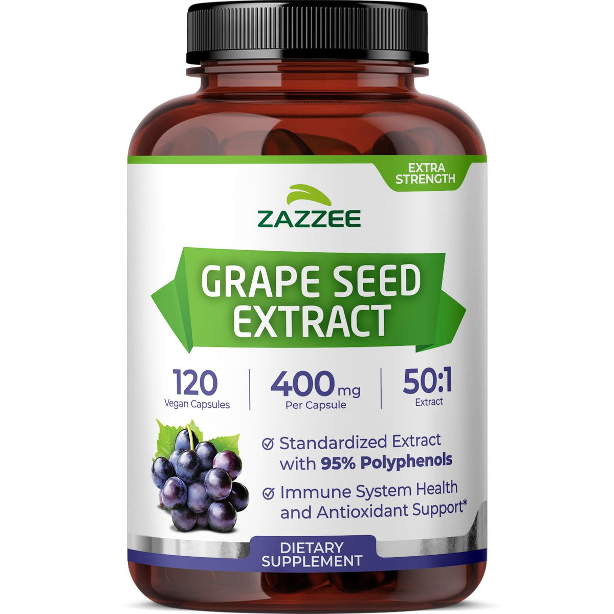 Zazzee Extrait pépins raisin 50:1 — bouteille avec forte concentration de polyphénols.