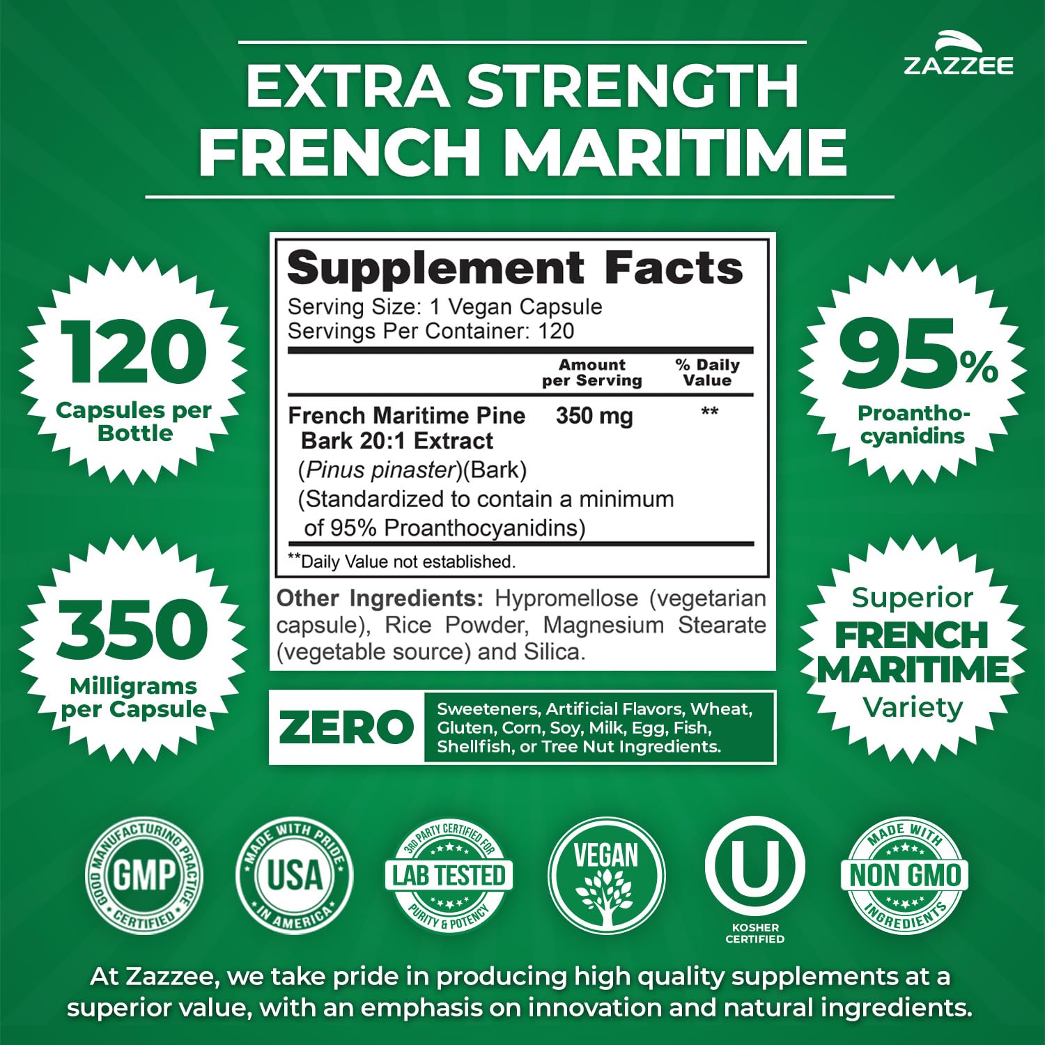 Capsules véganes Zazzee Pin Maritime, dosage 350 mg par capsule.