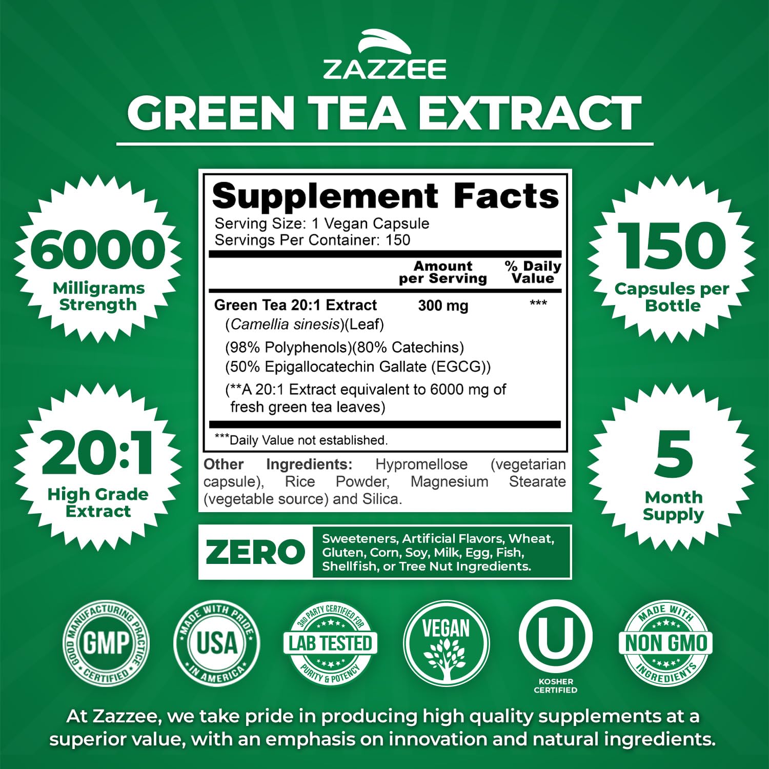 Zazzee Extrait Thé Vert Capsules véganes, faciles à intégrer dans votre journée.