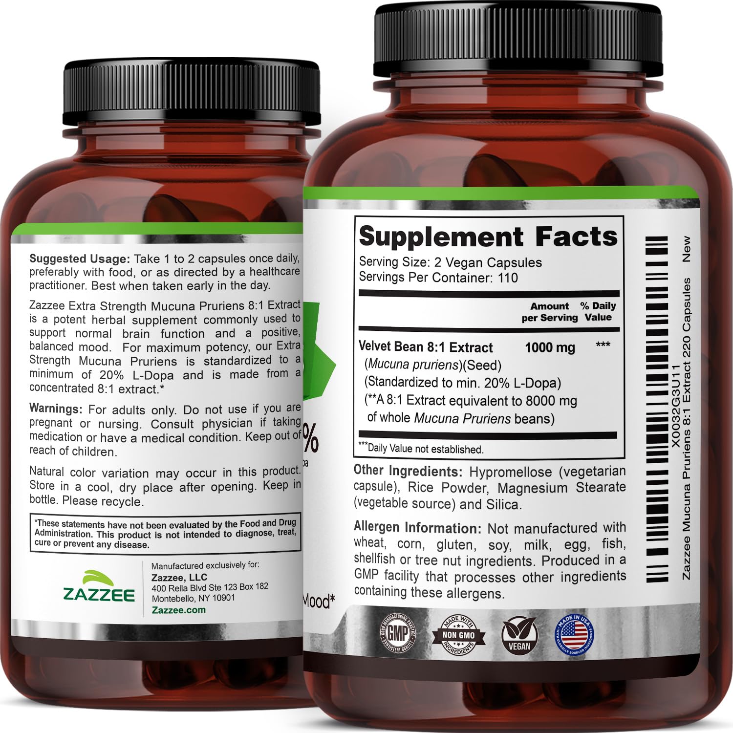 Flacon Zazzee Mucuna Pruriens, dosage visible et clair.