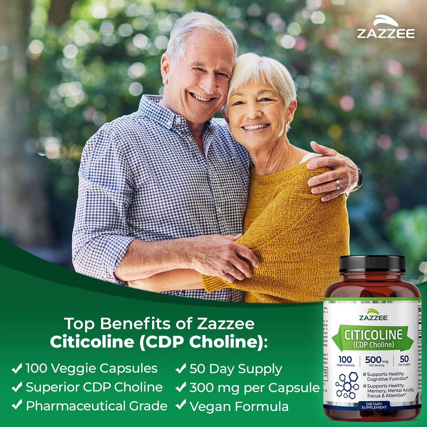 Gélules vegan Zazzee Citicoline, 100 unités faciles à prendre