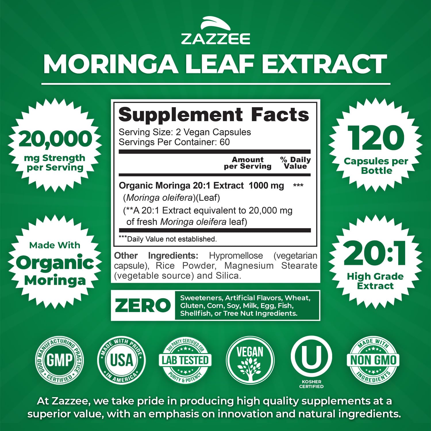 Zazzee Moringa capsules vegan 120 pour routine saine.