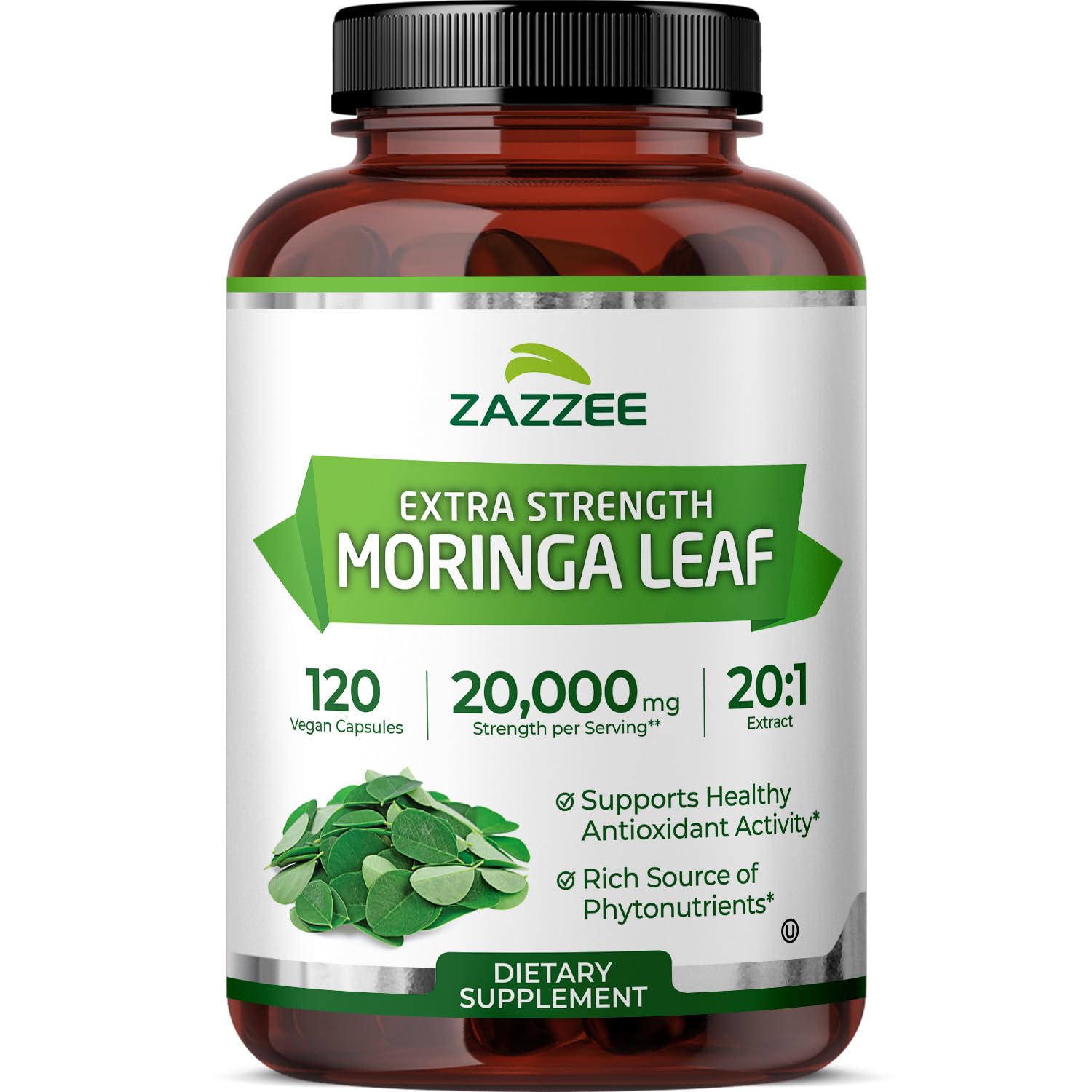 Zazzee Moringa extrait 20x sur bouteille pour énergie naturelle.
