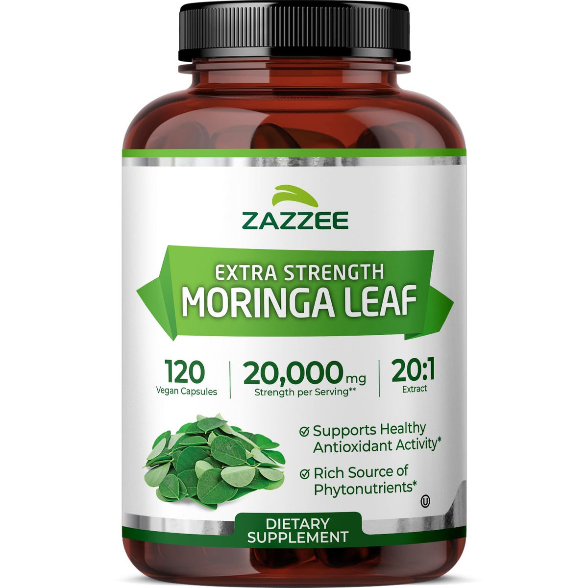 Zazzee Moringa extrait 20x sur bouteille pour énergie naturelle.