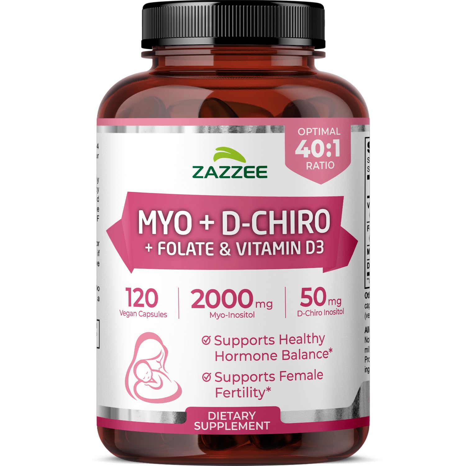 Zazzee Myo-D-Chiro Inositol — bouteille montrant le dosage quotidien