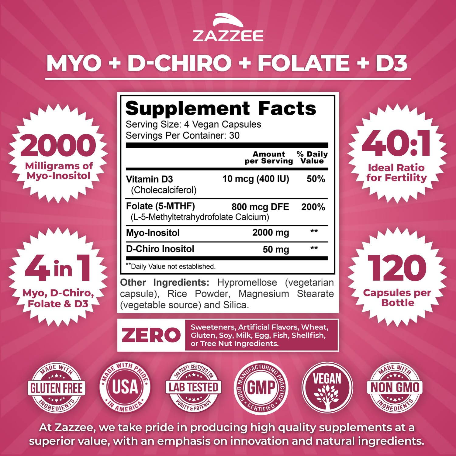 Zazzee Myo-D-Chiro Inositol — comprimés faciles à avaler pour la fertilité féminine