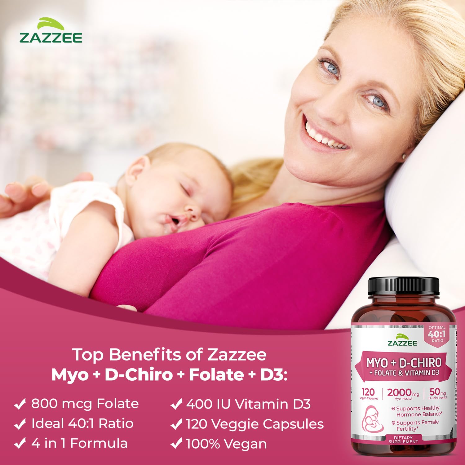 Zazzee Myo-D-Chiro Inositol — étiquette claire et lisible