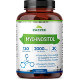 Gros plan sur la bouteille Zazzee Myo-Inositol, dose 2000 mg pour un éventuel soutien hormonal.