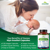 Capsules véganes Zazzee Myo-Inositol prêtes à être intégrées dans une routine.