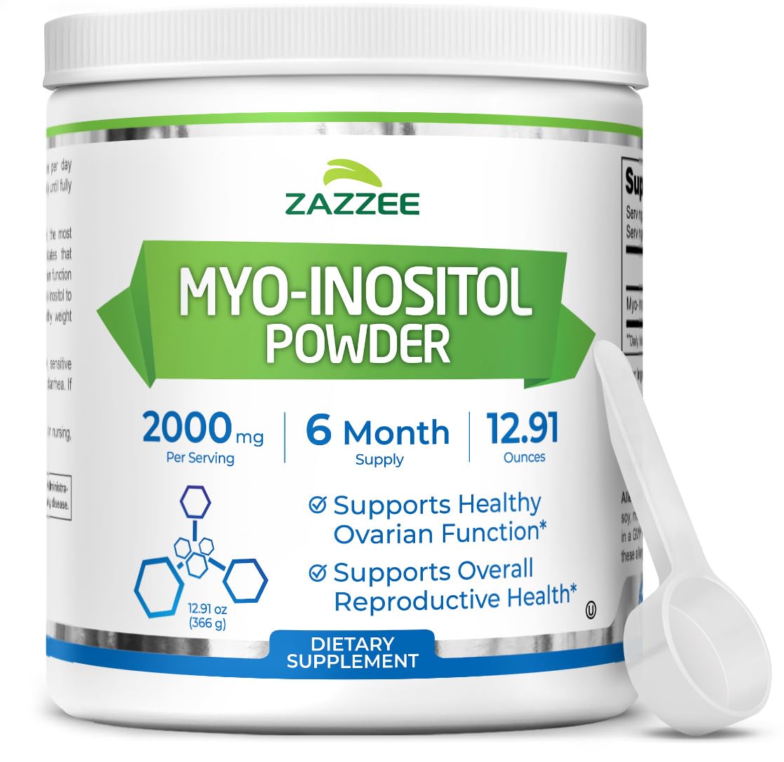 Zazzee Myo-Inositol en poudre dans un bocal, dosage précis quotidien.