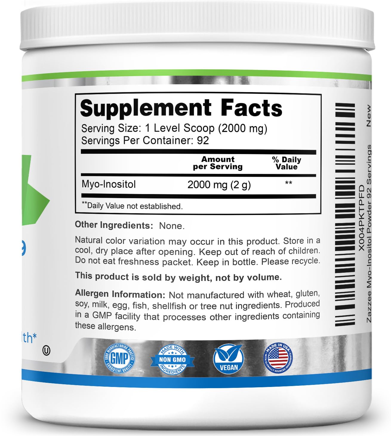 Conditionnement compact et pratique pour Zazzee Myo-Inositol – 6 mois.