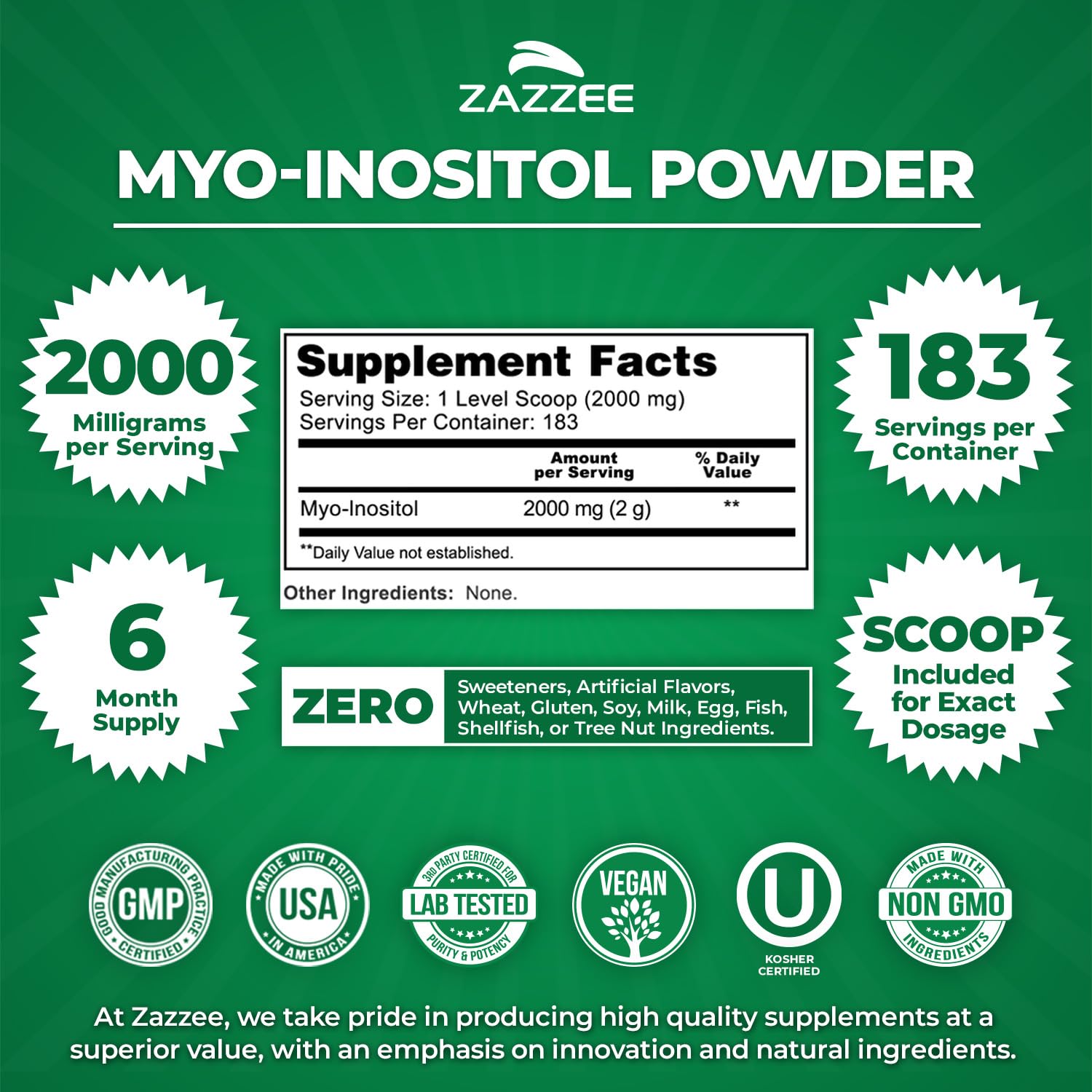 Cuillère-dose Zazzee Myo-Inositol pour dosage exact à chaque utilisation.