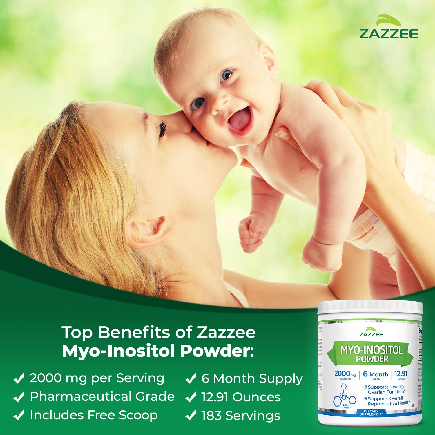 Étiquette Zazzee Myo-Inositol avec informations vegan et non-GMO.