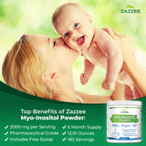 Étiquette Zazzee Myo-Inositol avec informations vegan et non-GMO.